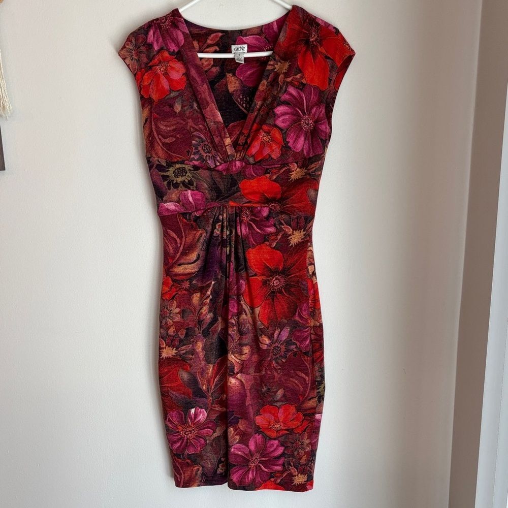 Vintage Cache wool blend jewel tone Fall Red and Purple women’s Dress size 8 EUC